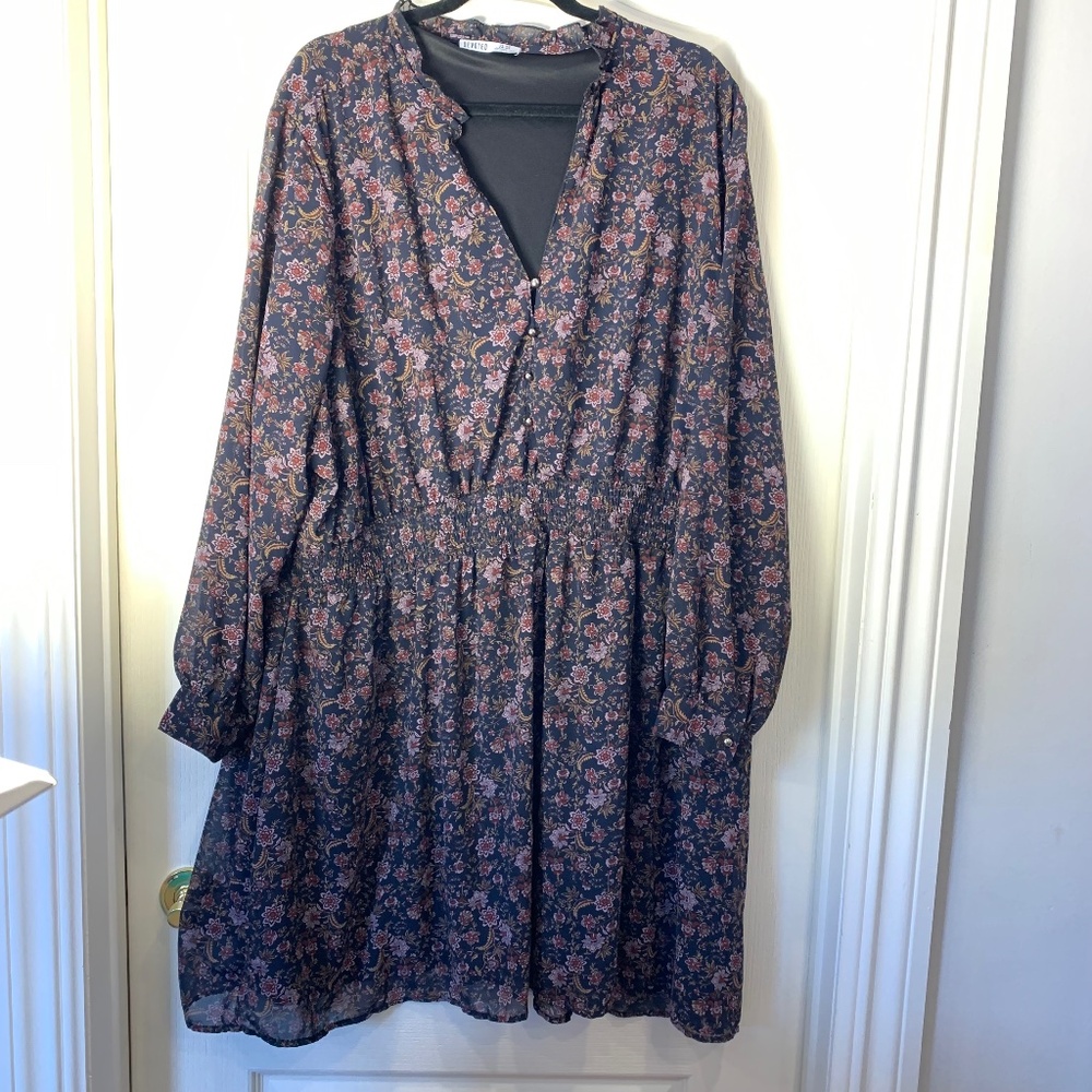 4X Devoted Plus Size Boho Paisley Midi Dress Navy Burgundy‎ Long Sleeve Flowy